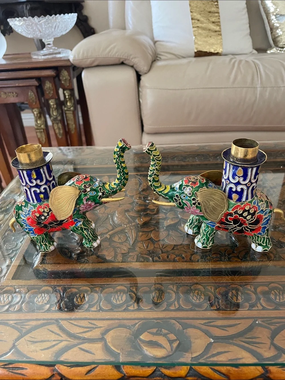 Vintage Pair of Chinese Cloisonne Elephant Candle Stick Holders